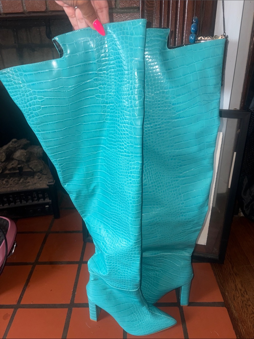 PrettyLittleThing Turquoise Croc-Embossed Over-the-Knee Pointed Toe Boots